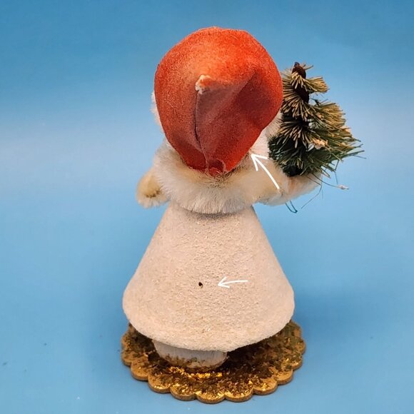 1950s Putz Elf Ornament Bottle Brush Tree Red Flocked Hat Spun Cotton Celluloid - Picture 5 of 8